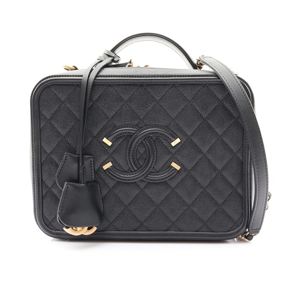 CHANEL 香奈兒 Vanity Case 肩背包 黑色 荔枝紋 菱格紋牛皮 金釦 A13043 A93344