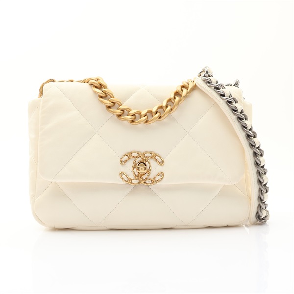 CHANEL 香奈兒 19 口蓋包 肩背包 白色 菱格紋 羊皮 AS1160