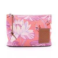 LOEWE 羅威 Paula's Ibiza 手拿包 Waterlily Print 粉色帆布 棕色牛皮