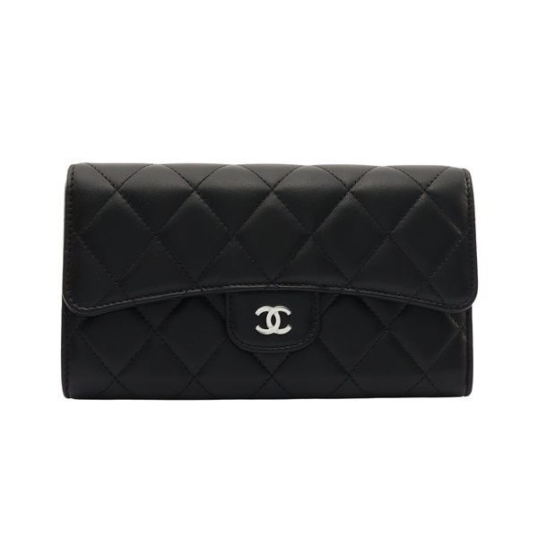 CHANEL 香奈兒 Classic 扣式 三折長夾 黑色 菱格紋羊皮 銀釦 A31506