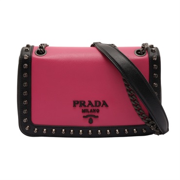 PRADA 普拉達 桃紅黑色鉚釘 肩背包 粉/黑色 牛皮 1BD147