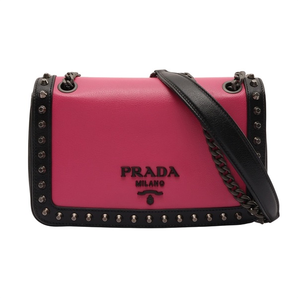 PRADA 普拉達 桃紅黑色鉚釘 肩背包 粉/黑色 牛皮 1BD147