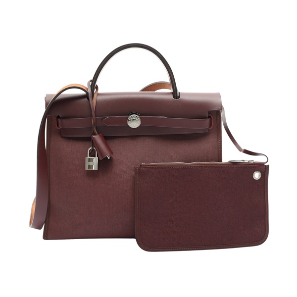 HERMES 愛馬仕 Herbag 31 兩用包 波爾多紅 BOX牛皮/帆布 T刻 銀扣
