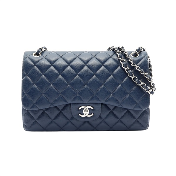 CHANEL 香奈兒 COCO Jumbo 30 鍊帶 肩背包 藍色 荔枝紋 牛皮 銀扣 無卡 A58600