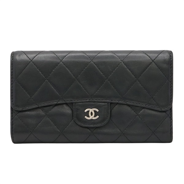 CHANEL 香奈兒 釦式 三折長夾 黑色 羊皮 銀釦 A31506