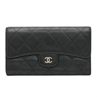 CHANEL 香奈兒 釦式 三折長夾 黑色 羊皮 銀釦 A31506