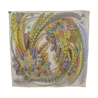 HERMES 愛馬仕 羽毛盛會 90 方巾 白/黃色 絲綢 H003433S