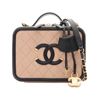 CHANEL 香奈兒 Filigree Vanity Case 鏈帶肩背包 黑/淺褐色 荔枝紋 牛皮 A93343