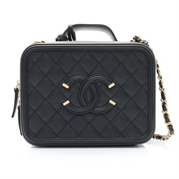 CHANEL 香奈兒 Filigree 鍊帶兩用包 化妝包 黑色 荔枝紋牛皮 金扣 A93343