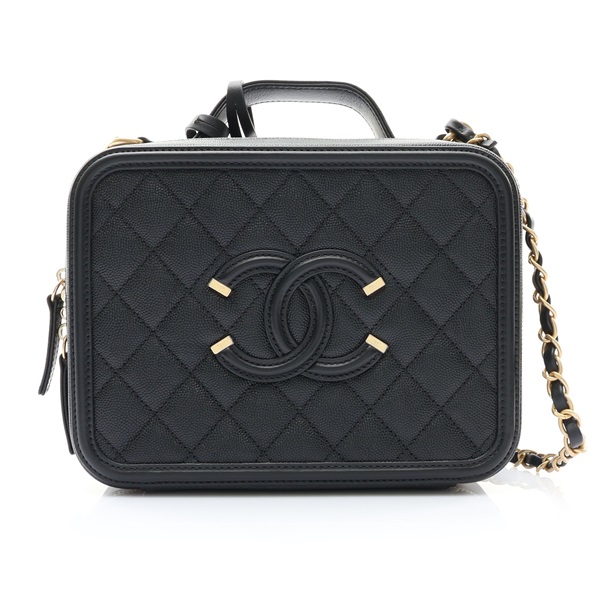 CHANEL 香奈兒 Filigree 鍊帶兩用包 化妝包 黑色 荔枝紋牛皮 金扣 A93343