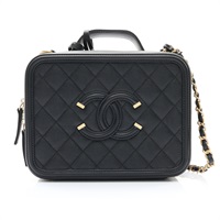 CHANEL 香奈兒 Filigree 鍊帶兩用包 化妝包 黑色 荔枝紋牛皮 金扣 A93343