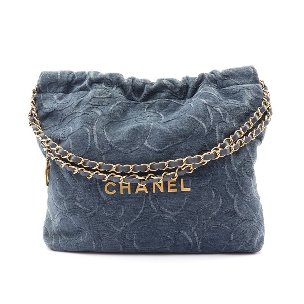 CHANEL 香奈兒 22 Small 肩背包 藍色 天鵝絨 山茶花浮雕 金扣 AS3260
