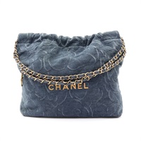 CHANEL 香奈兒 22 Small 肩背包 藍色 天鵝絨 山茶花浮雕 金扣 AS3260