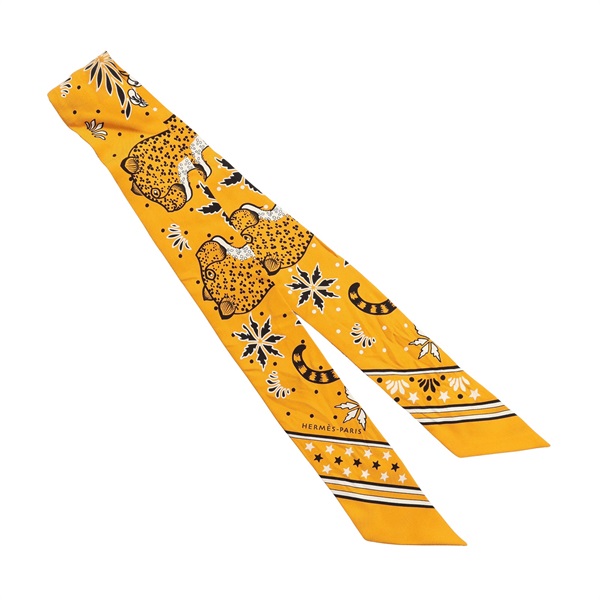 HERMES 愛馬仕 Les Leopards Twilly 絲巾 黃色 絲綢