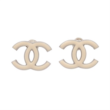 CHANEL 香奈兒 雙C 針式耳環 淺褐色琺瑯 銀色金屬