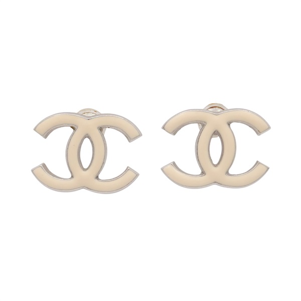 CHANEL 香奈兒 雙C 針式耳環 淺褐色琺瑯 銀色金屬