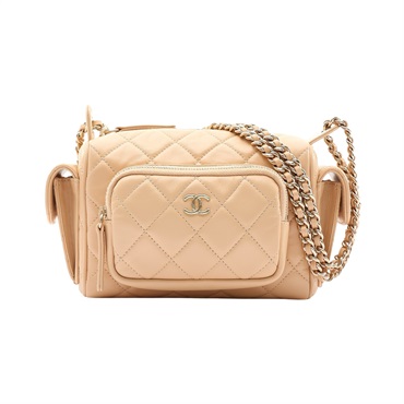 CHANEL 香奈兒 Small Preppy Pocket 鍊帶 兩用包 米色 菱格紋羊皮 AS5220