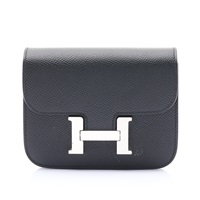 HERMES 愛馬仕 Constance Slim 扣式短夾 黑色 Epsom 牛皮 U刻 銀釦