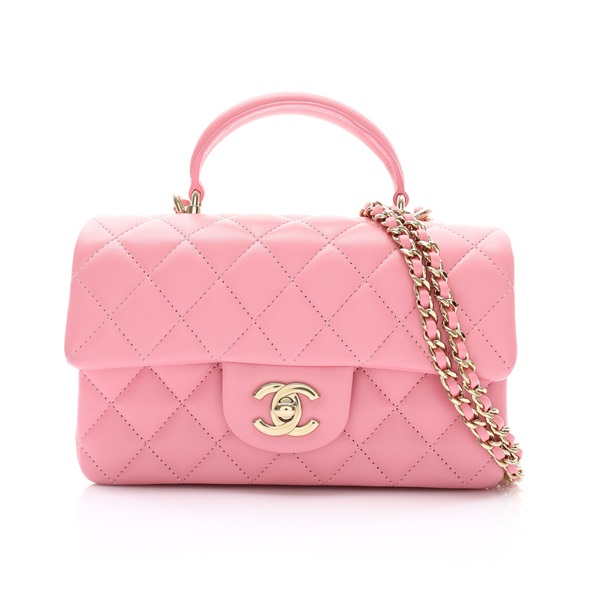 CHANEL 香奈兒 Coco Top Handle 肩背包 粉色 菱格紋 羊皮 金扣 AS2431