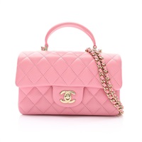 CHANEL 香奈兒 Coco Top Handle 肩背包 粉色 菱格紋 羊皮 金扣 AS2431