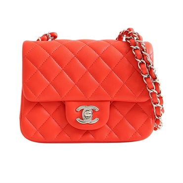CHANEL 香奈兒 Mini Square 肩背包 番茄紅 羊皮 銀釦 A35200