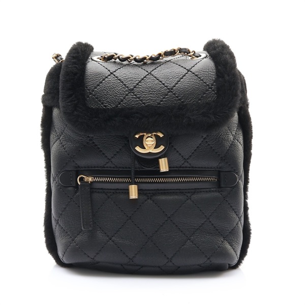 CHANEL 香奈兒 Paris-Hamburg 鍊帶後背包 黑色 羊皮 羊毛 金扣