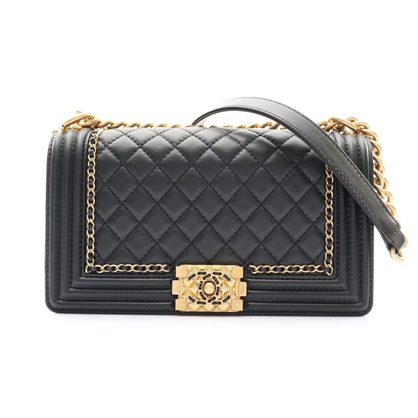 CHANEL 香奈兒 Chain Around Boy 25 鍊帶肩背包 黑色 牛皮 金扣 A67086