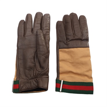 GUCCI 古馳 Web Stripe 手套 7.5號 棕色/多色 牛皮 織物