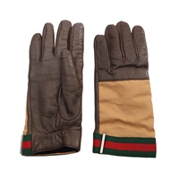 GUCCI 古馳 Web Stripe 手套 7.5號 棕色/多色 牛皮 織物
