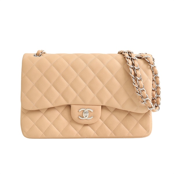 CHANEL 香奈兒 Jumbo 30 肩背包 米色 荔枝紋牛皮 銀扣 A58600