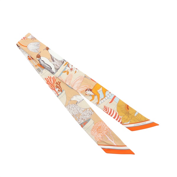 HERMES 愛馬仕 Precious Paradise Twilly 絲巾 橘/淺褐色 絲綢 H064094S