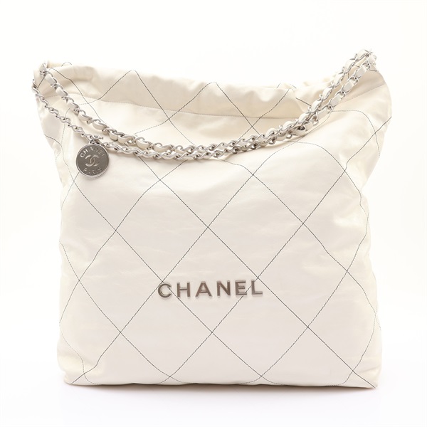 CHANEL 香奈兒 22 Large 鍊帶 肩背包 白色 牛皮 黑線 銀釦 AS3262