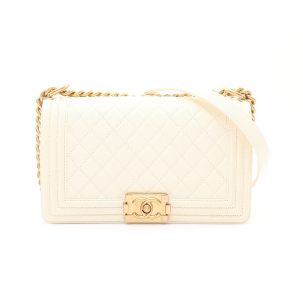 CHANEL 香奈兒 Boy Chanel 25 肩背包 米白色 荔枝紋牛皮 金扣 A67086