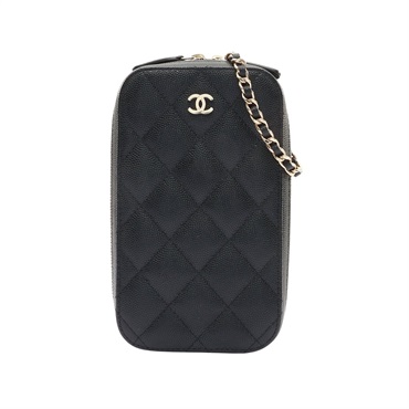 CHANEL 香奈兒 手機包 肩背包 黑色 荔枝紋 牛皮 金扣 無卡 AP0246