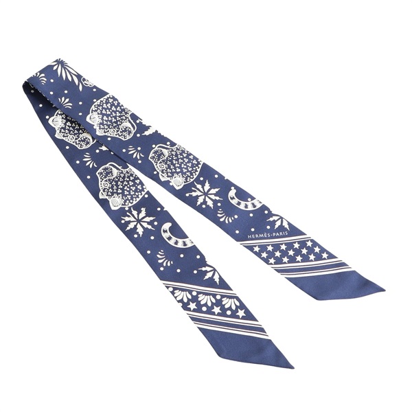 HERMES 愛馬仕 Les Leopards Bandana Twilly 絲巾 藍/白色 絲綢 H063350S 02