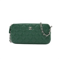 CHANEL 香奈兒 Double Zip Clutch 肩背包 綠色 菱格紋 羊皮 銀扣 A82527