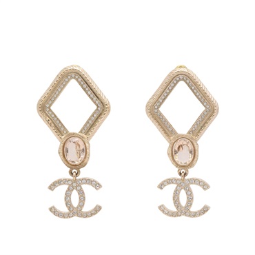 CHANEL 香奈兒 CC 菱格 針式耳環 金色鍍金 水晶