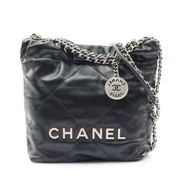 CHANEL 香奈兒 22 Mini 肩背包 黑色 牛皮 銀扣 AS3980