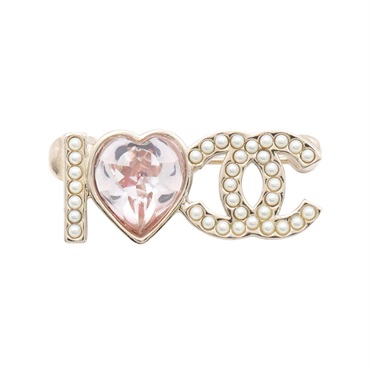 CHANEL 香奈兒 I Love CC粉紅水晶 胸針 淺金色 鍍金