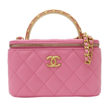 粉紅色 羊皮 化妝包 手提鏈包 金扣 (無卡) AP3383