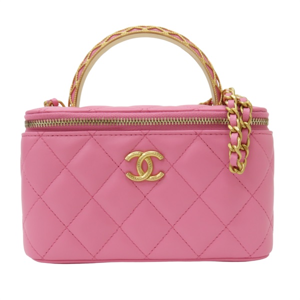 粉紅色 羊皮 化妝包 手提鏈包 金扣 (無卡) AP3383