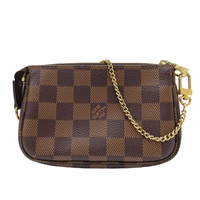 棕色 棋盤格Damier Ebene塗層帆布 Mini Pochette Accessoires 迷你小皮包 金扣 N58009