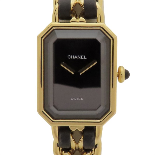PREMIERE L 黑色皮革 金色鍊帶 石英腕錶 H0001