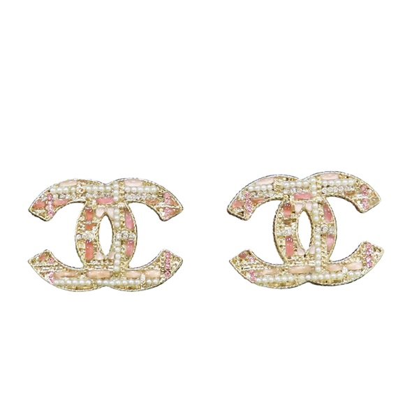 金色 鍍金 珍珠 水鑽 寶石 COCO Logo 針式耳環 #A19