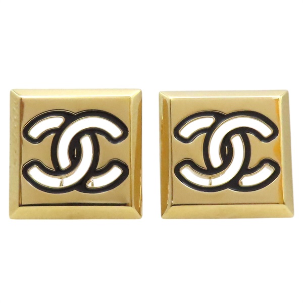 【再降價】【再降價】黑色 金色 金屬 鍍金 方牌 COCO 夾式耳環【CHANEL 香奈兒】