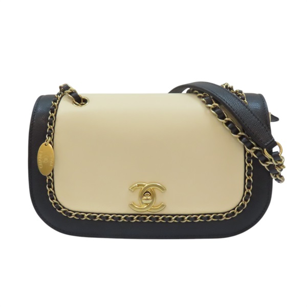 米色 黑色 羊皮 牛皮 肩背包 金扣 帶 AS0371