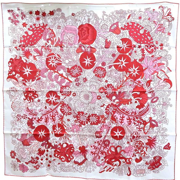 紅色 Cache-cache Fleuri 絲綢 絲巾 90x90【HERMES 愛馬仕】