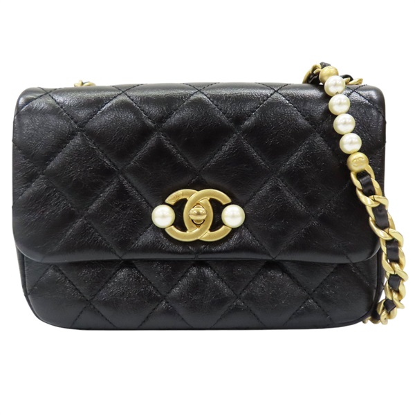 【再降價】黑色 牛皮 珍珠扣環 肩背包【CHANEL 香奈兒】