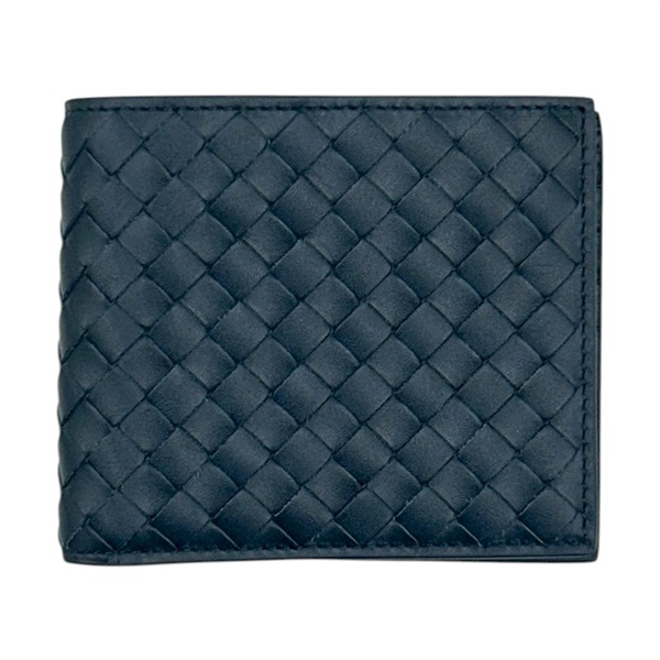 藍色 編織皮革 二折短夾