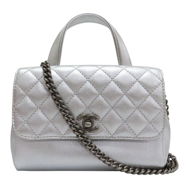 銀色 菱格紋 皮革 鍊帶 兩用包